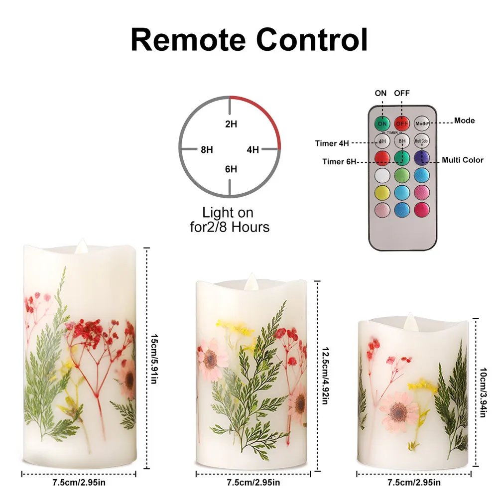 3pcs LED Electronic Candle Set Flameless Dried Flower Candle with Remote Control Night Light For Holiday Party Wedding Decor 3pcs LED Electronic Candle Set Flameless Dried Flower Candle with Remote Control Night Light For Holiday Party Wedding Decor