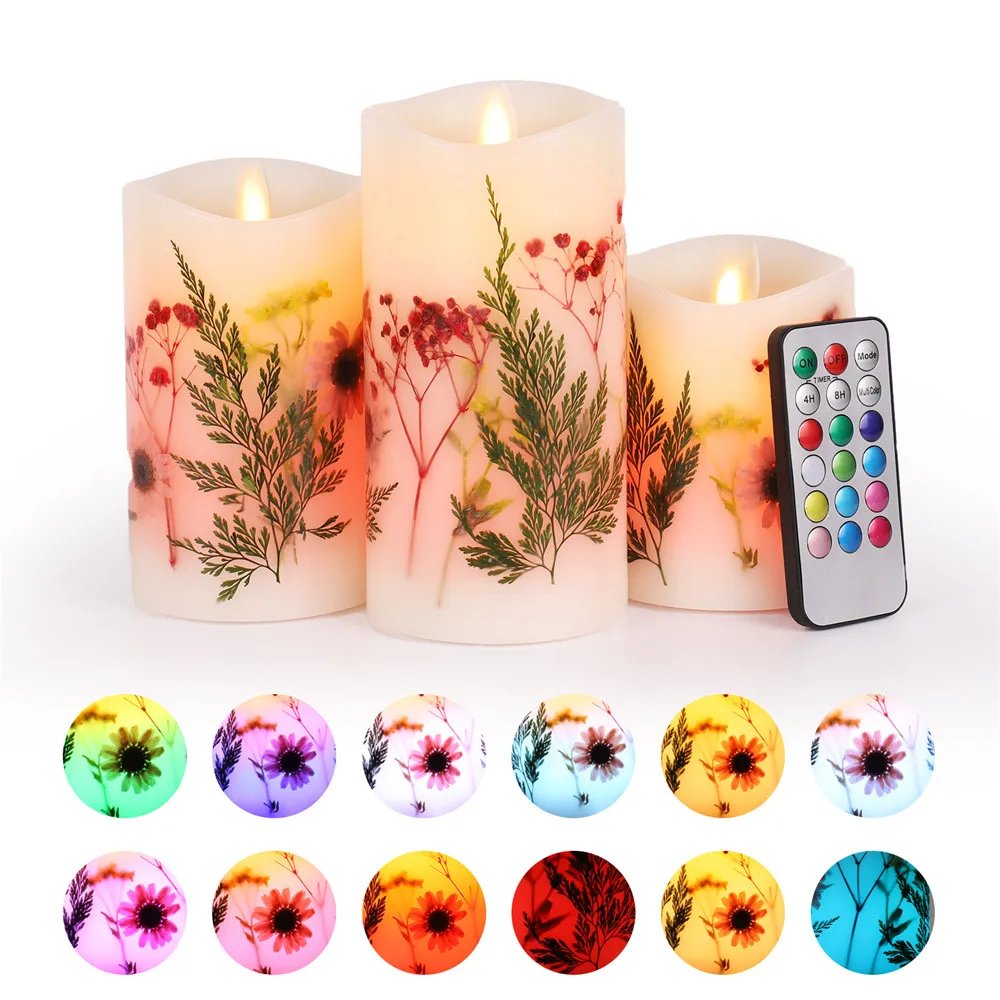 3pcs LED Electronic Candle Set Flameless Dried Flower Candle with Remote Control Night Light For Holiday Party Wedding Decor 3pcs LED Electronic Candle Set Flameless Dried Flower Candle with Remote Control Night Light For Holiday Party Wedding Decor