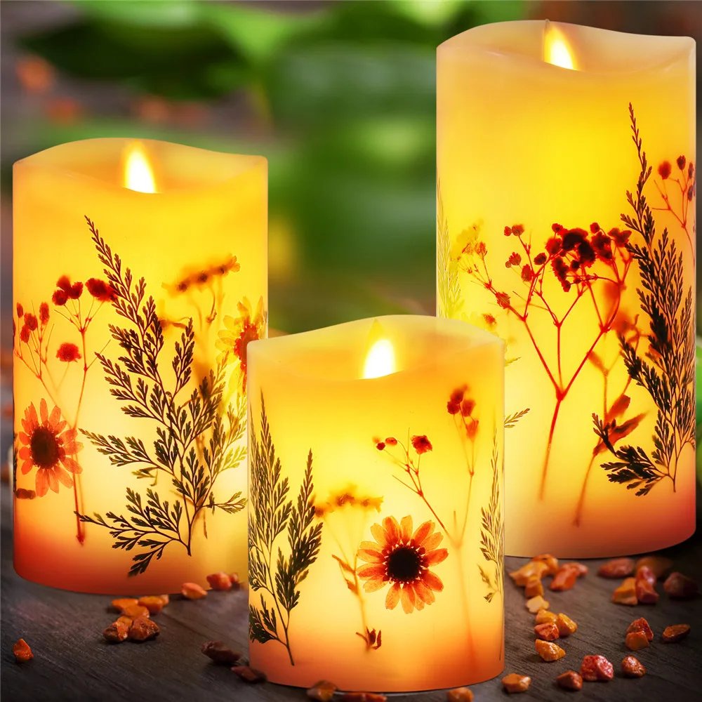 3pcs LED Electronic Candle Set Flameless Dried Flower Candle with Remote Control Night Light For Holiday Party Wedding Decor 3pcs LED Electronic Candle Set Flameless Dried Flower Candle with Remote Control Night Light For Holiday Party Wedding Decor