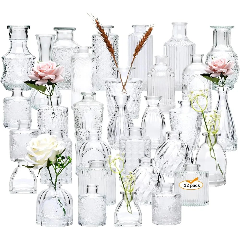 Set of 32 Bud Vases for Flowers, Small Vintage Glass Bottles for Rustic Wedding Centerpieces and Home Decor Set of 32 Bud Vases for Flowers, Small Vintage Glass Bottles for Rustic Wedding Centerpieces and Home Decor