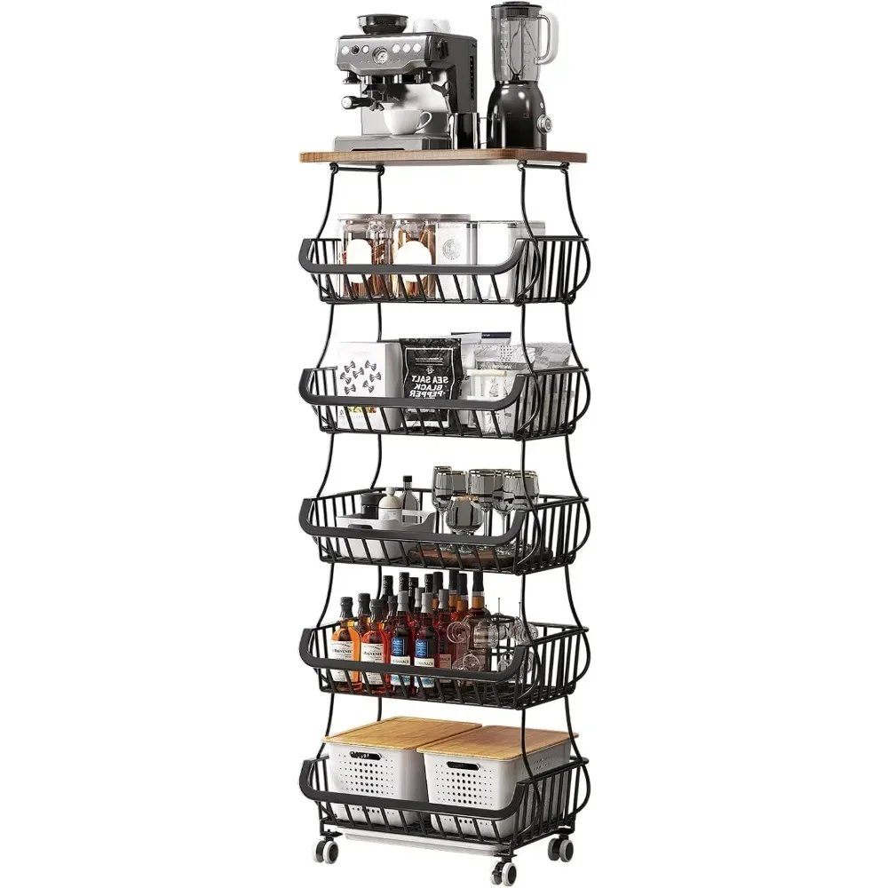 6-story wooden desktop kitchen fruit and vegetable basket, wire storage basket with wheels, storage cart