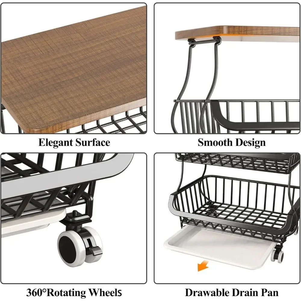 6-story wooden desktop kitchen fruit and vegetable basket, wire storage basket with wheels, storage cart