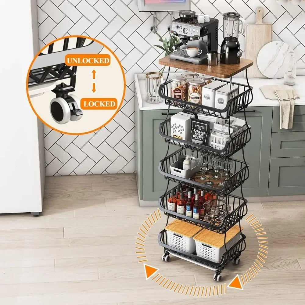 6-story wooden desktop kitchen fruit and vegetable basket, wire storage basket with wheels, storage cart