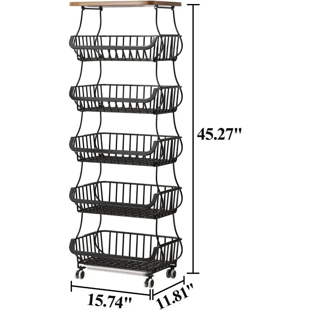 6-story wooden desktop kitchen fruit and vegetable basket, wire storage basket with wheels, storage cart