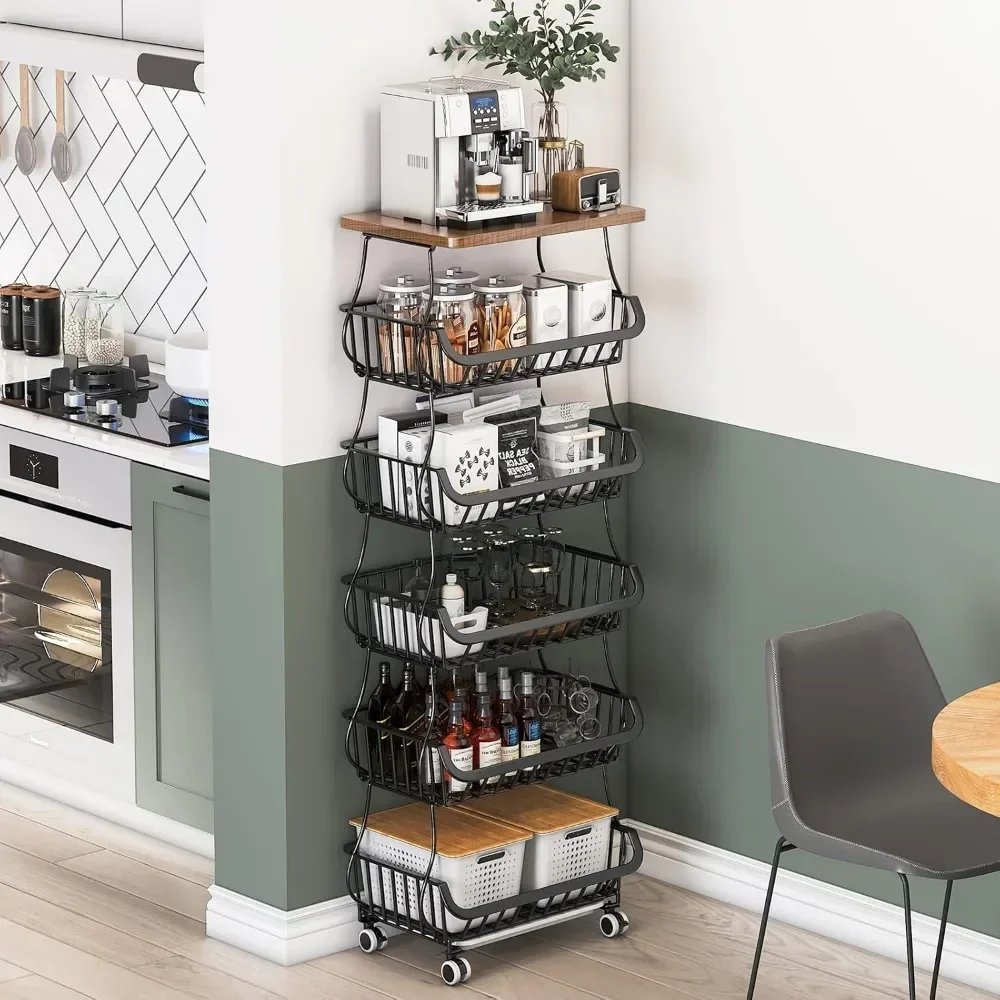 6-story wooden desktop kitchen fruit and vegetable basket, wire storage basket with wheels, storage cart