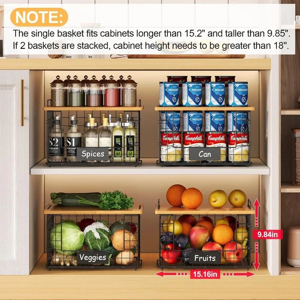 2-piece bamboo top stackable basket for pantry organization and storage, kitchen counter basket