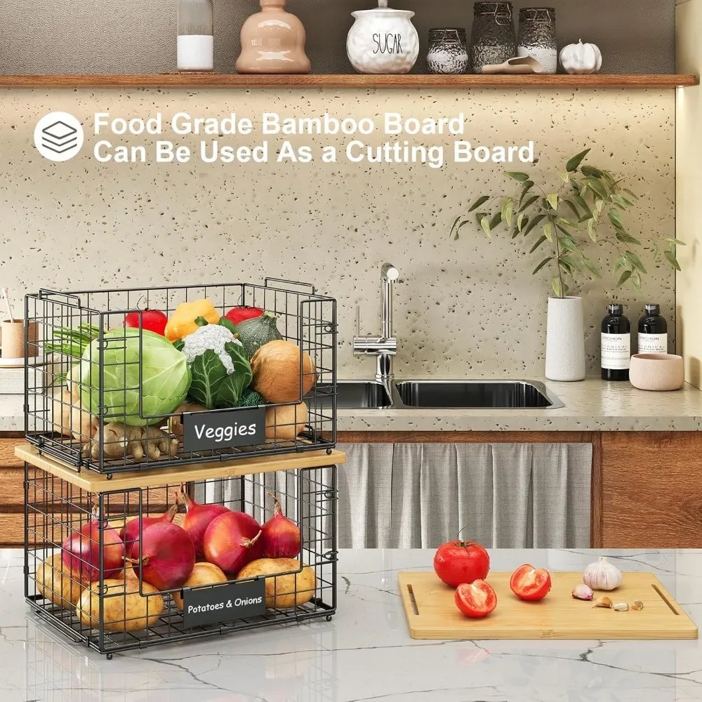 2-piece bamboo top stackable basket for pantry organization and storage, kitchen counter basket