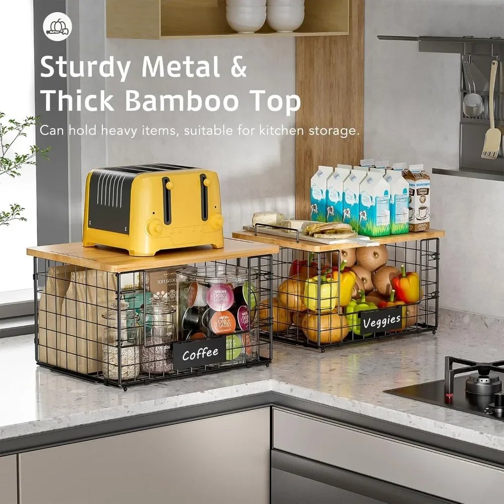 2-piece bamboo top stackable basket for pantry organization and storage, kitchen counter basket