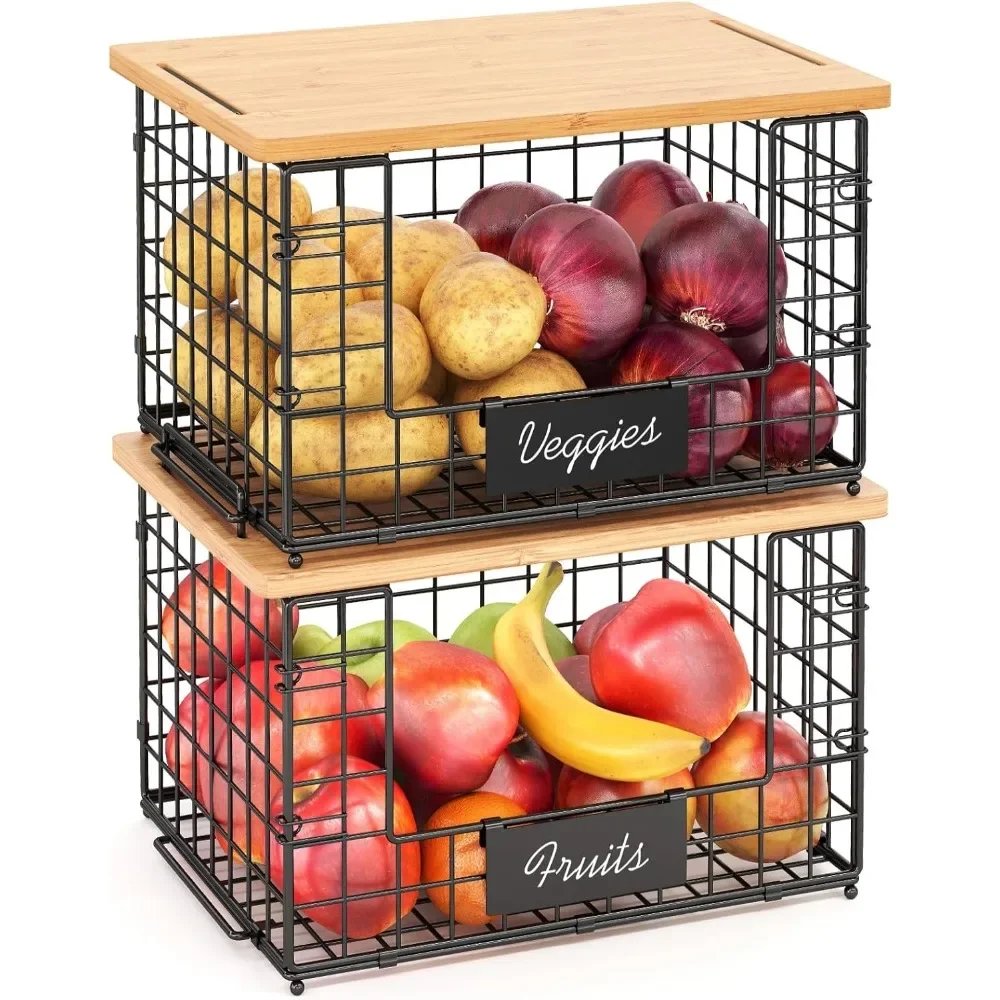 2-piece bamboo top stackable basket for pantry organization and storage, kitchen counter basket