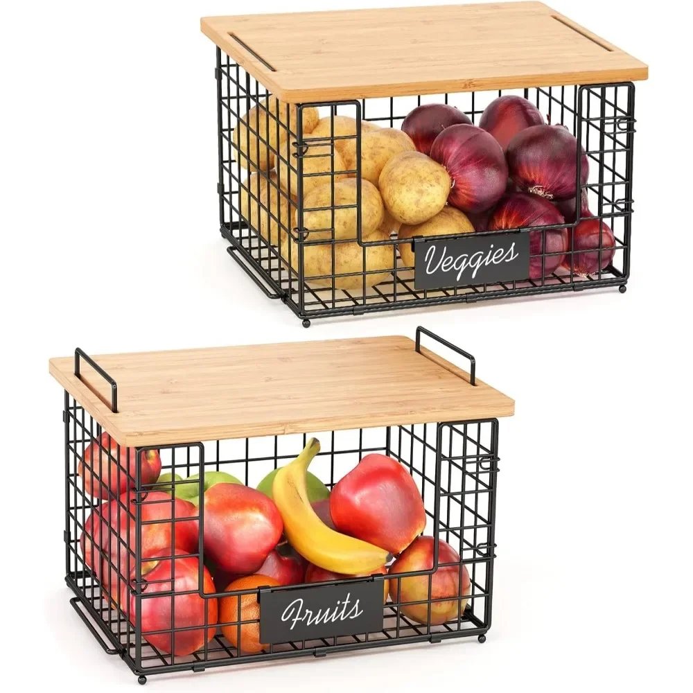 2-piece bamboo top stackable basket for pantry organization and storage, kitchen counter basket