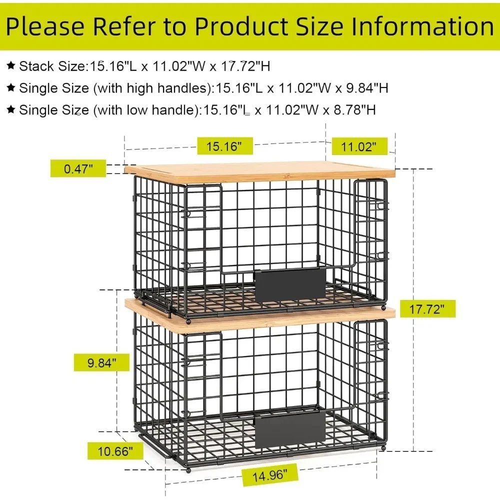 2-piece bamboo top stackable basket for pantry organization and storage, kitchen counter basket