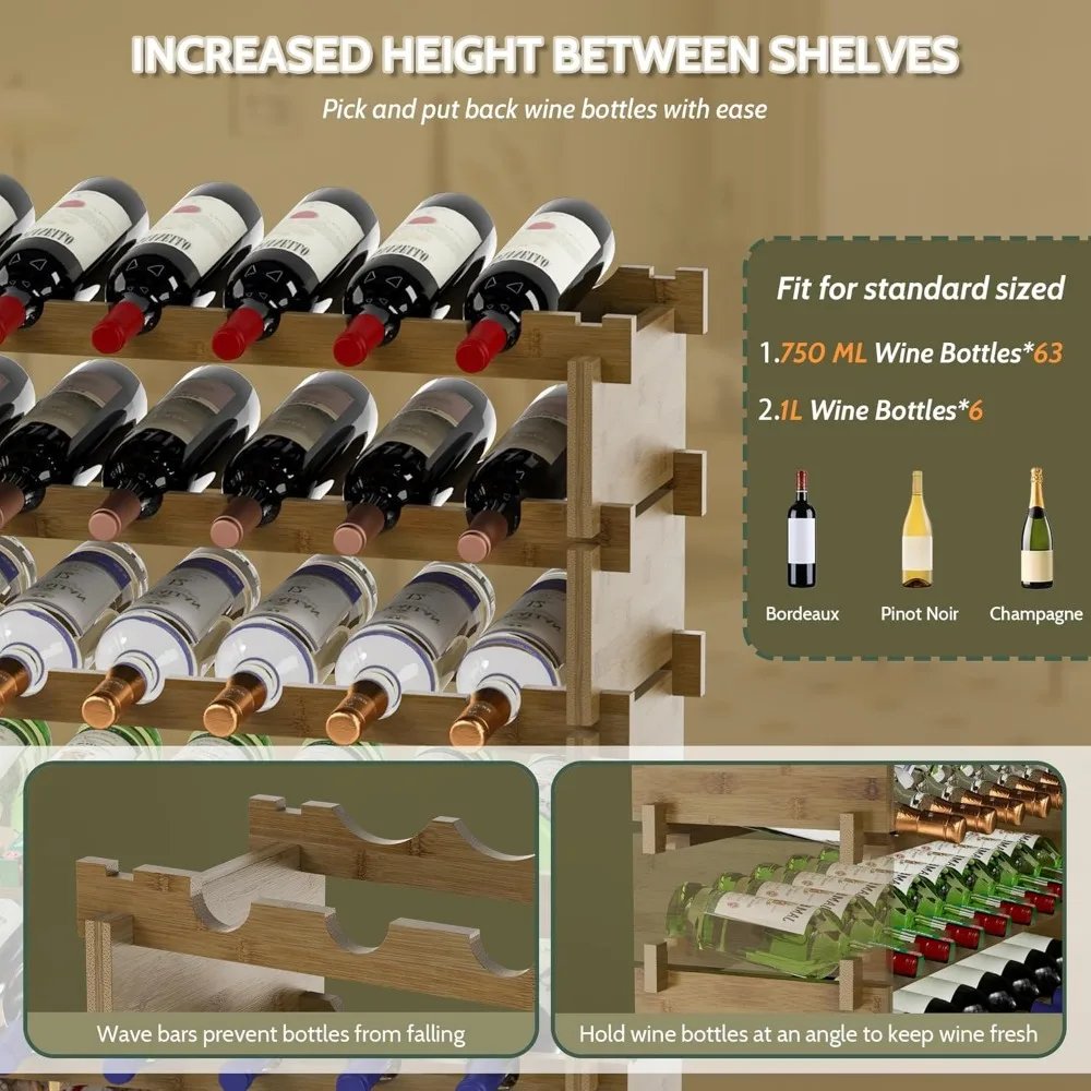 Wine Rack Freestanding Floor,Bamboo 8-Tier 69 Wine Bottle Holder Racks Countertop Cabinet Display,Wooden Wine Shelves