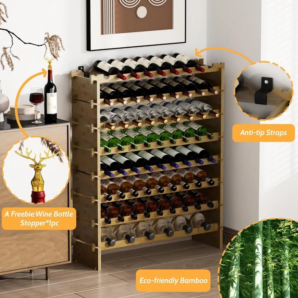 Wine Rack Freestanding Floor,Bamboo 8-Tier 69 Wine Bottle Holder Racks Countertop Cabinet Display,Wooden Wine Shelves
