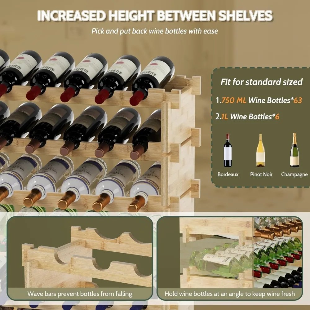 Wine Rack Freestanding Floor,Bamboo 8-Tier 69 Wine Bottle Holder Racks Countertop Cabinet Display,Wooden Wine Shelves