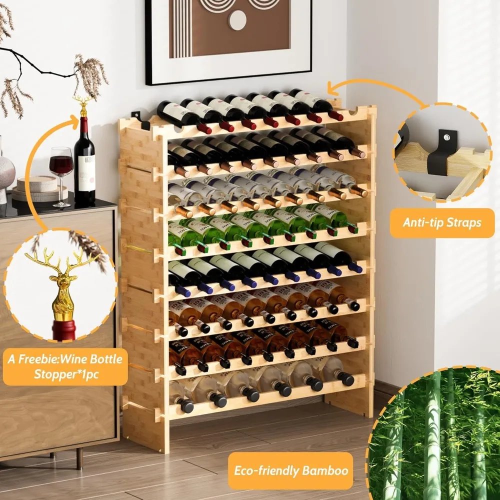 Wine Rack Freestanding Floor,Bamboo 8-Tier 69 Wine Bottle Holder Racks Countertop Cabinet Display,Wooden Wine Shelves