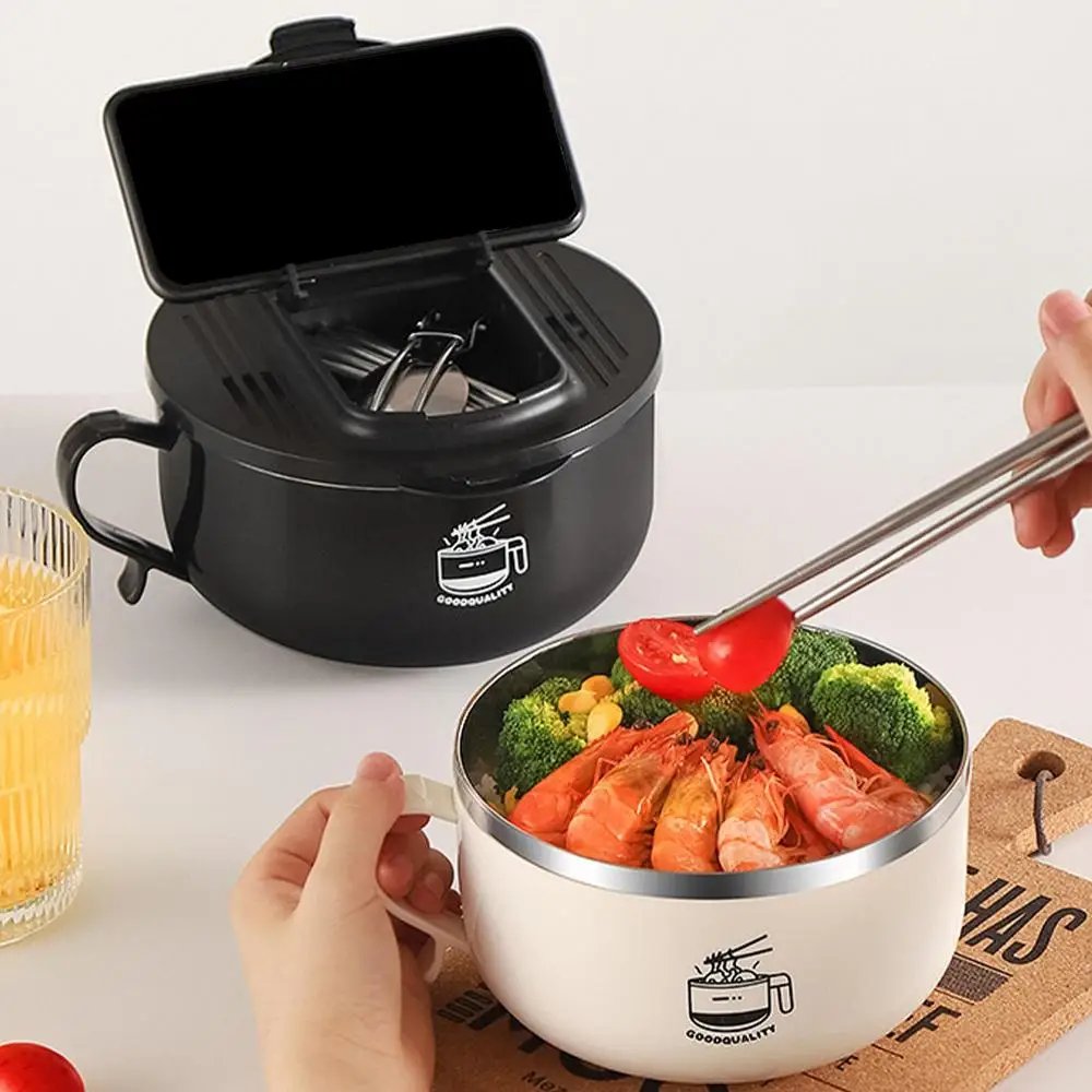 304 stainless steel instant noodle bowl student dormitory Ramen cup lunch box with Lid and folding tableware kitchen accessories