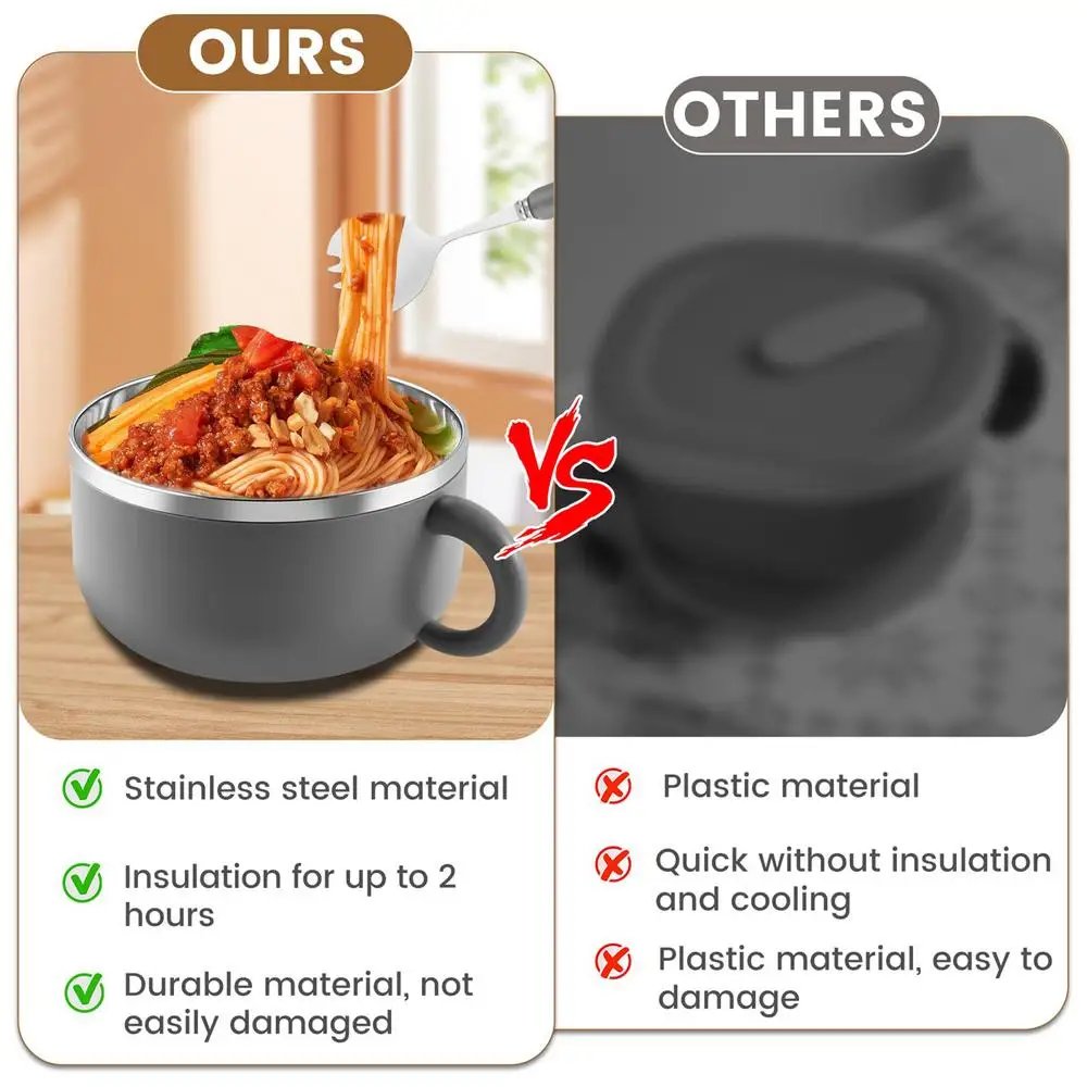 Ramen Bowl 1200ml Food Grade Ramen Bowl Set Portable Lunch Stainless Steel Bowl With Fork Lid For College Dorm Room Home Soup