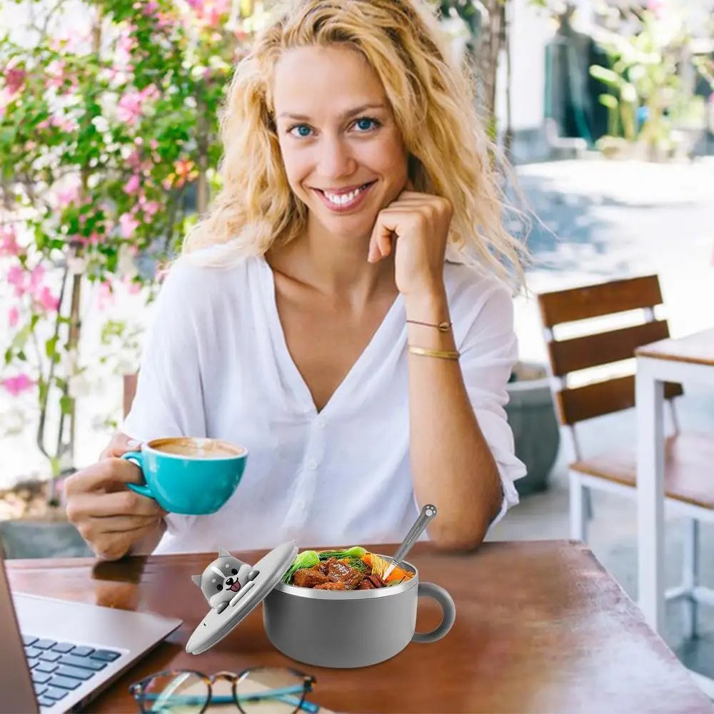 Ramen Bowl 1200ml Food Grade Ramen Bowl Set Portable Lunch Stainless Steel Bowl With Fork Lid For College Dorm Room Home Soup