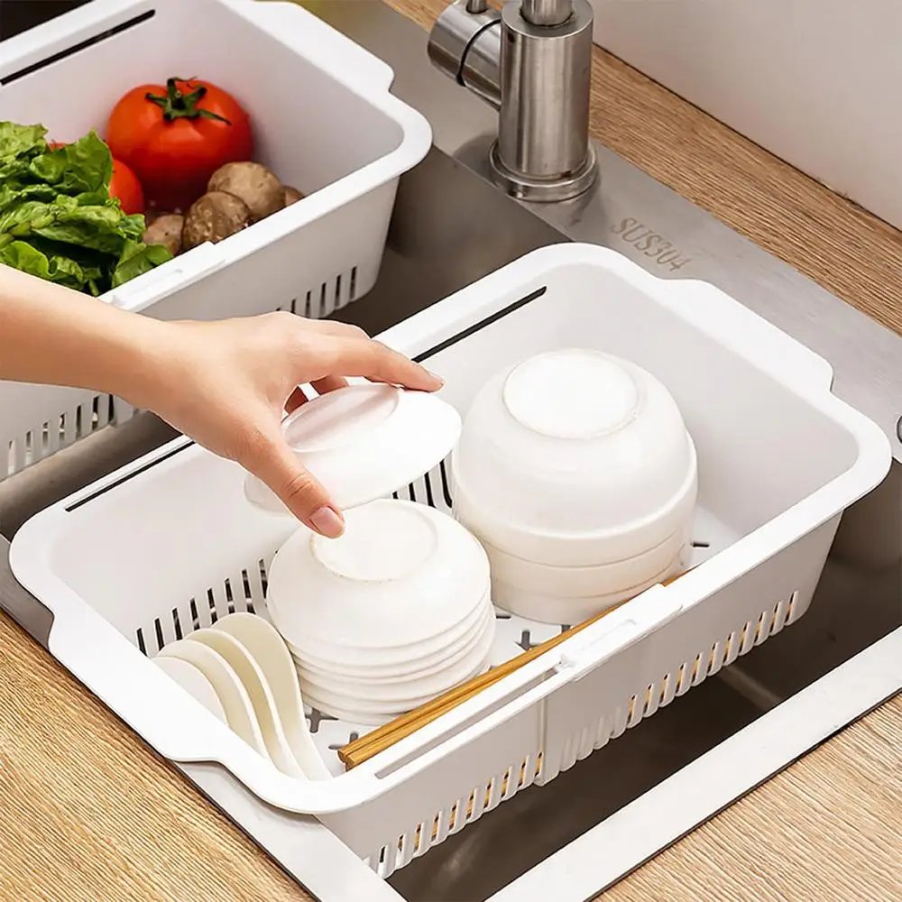 Basket Colander For Kitchen Extendable Kitchen Colander Basket Washing Vegetables Dry Dishes Drainer Basket Double-Layer Kitchen