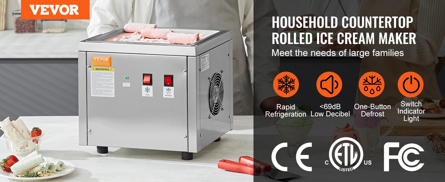VEVOR Fried Ice Cream Roll Machin Stainless Steel Rolled Ice Cream Maker with Compressor for Making Ice Cream Frozen Yogurt, Ice
