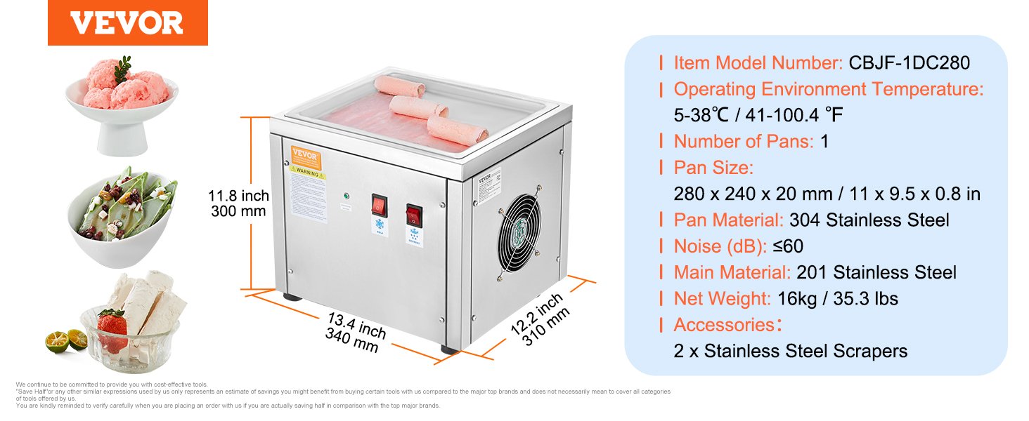 VEVOR Fried Ice Cream Roll Machin Stainless Steel Rolled Ice Cream Maker with Compressor for Making Ice Cream Frozen Yogurt, Ice