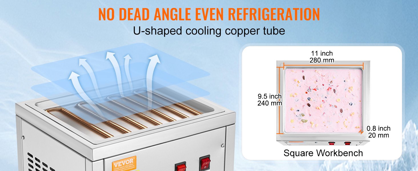 VEVOR Fried Ice Cream Roll Machin Stainless Steel Rolled Ice Cream Maker with Compressor for Making Ice Cream Frozen Yogurt, Ice