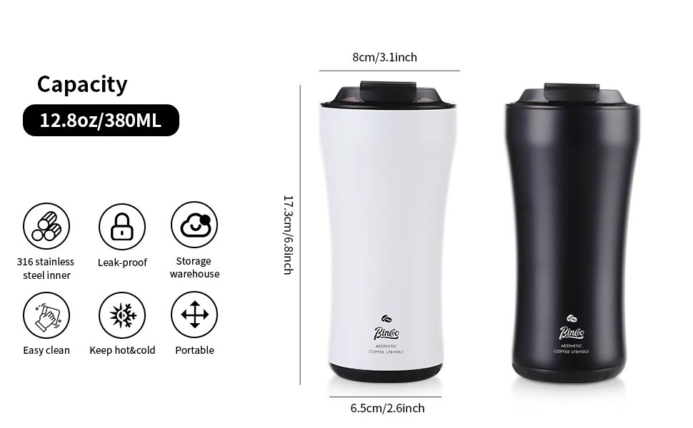 Bincoo 316 Stainless Steel Insulated Coffee Travel Mug 12.8oz,Leak-proof VacuumTravel Coffee Tea Tumbler Keeps Drinks Hot/Cold