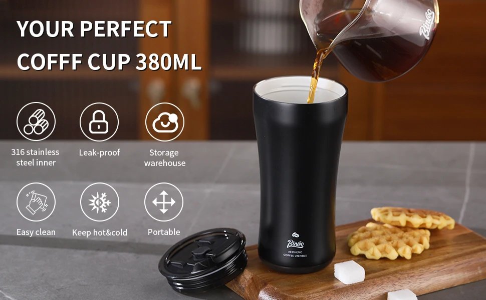 Bincoo 316 Stainless Steel Insulated Coffee Travel Mug 12.8oz,Leak-proof VacuumTravel Coffee Tea Tumbler Keeps Drinks Hot/Cold