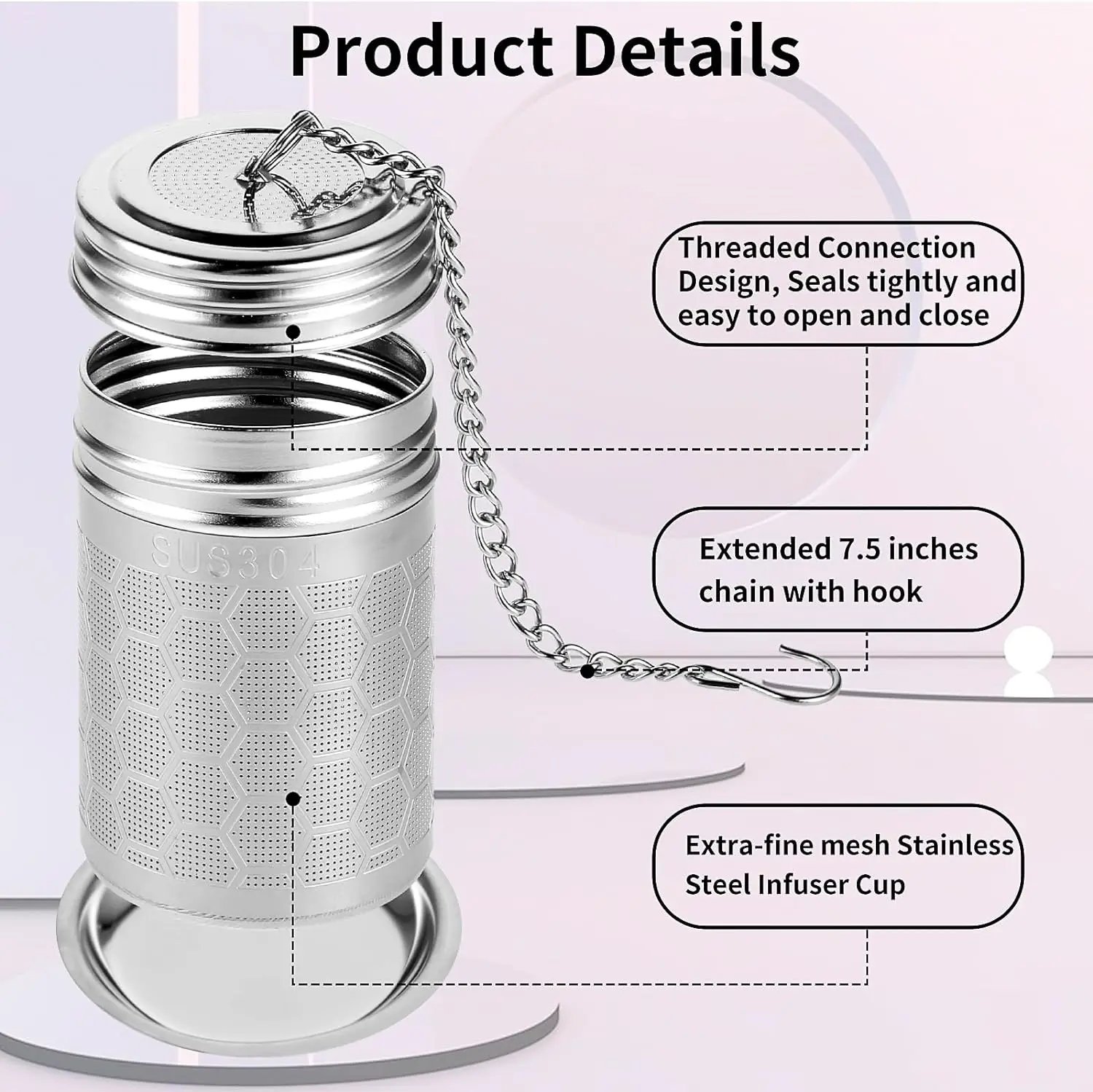 304 Stainless Steel Tea Strainers Set: Extra Fine Mesh Tea Infuser for Loose Leaf Tea - Updated Slim Threaded Lid for Black Tea