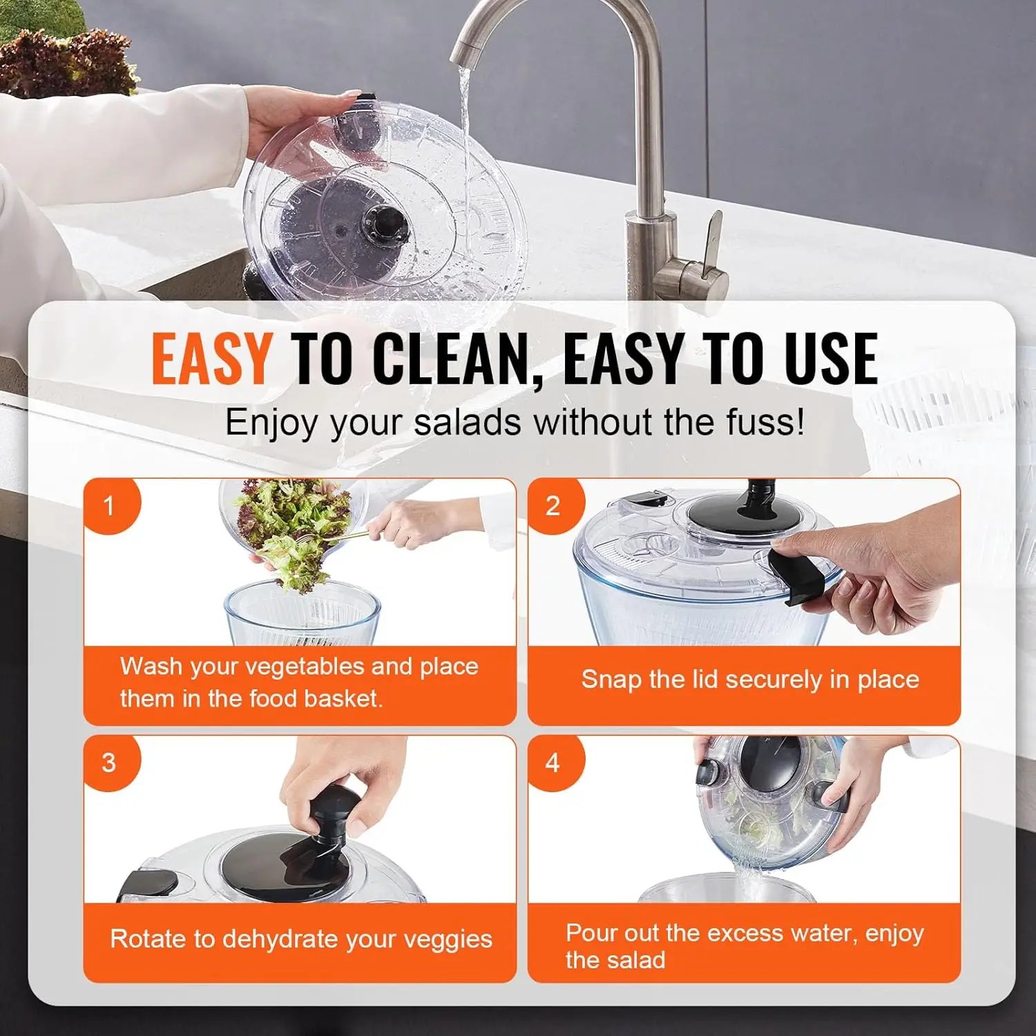 Glass Salad Spinner, 4.75Qt, One-handed Easy Press Large Vegetable Dryer Washer, Lettuce Cleaner and Dryer with High Borosilicat