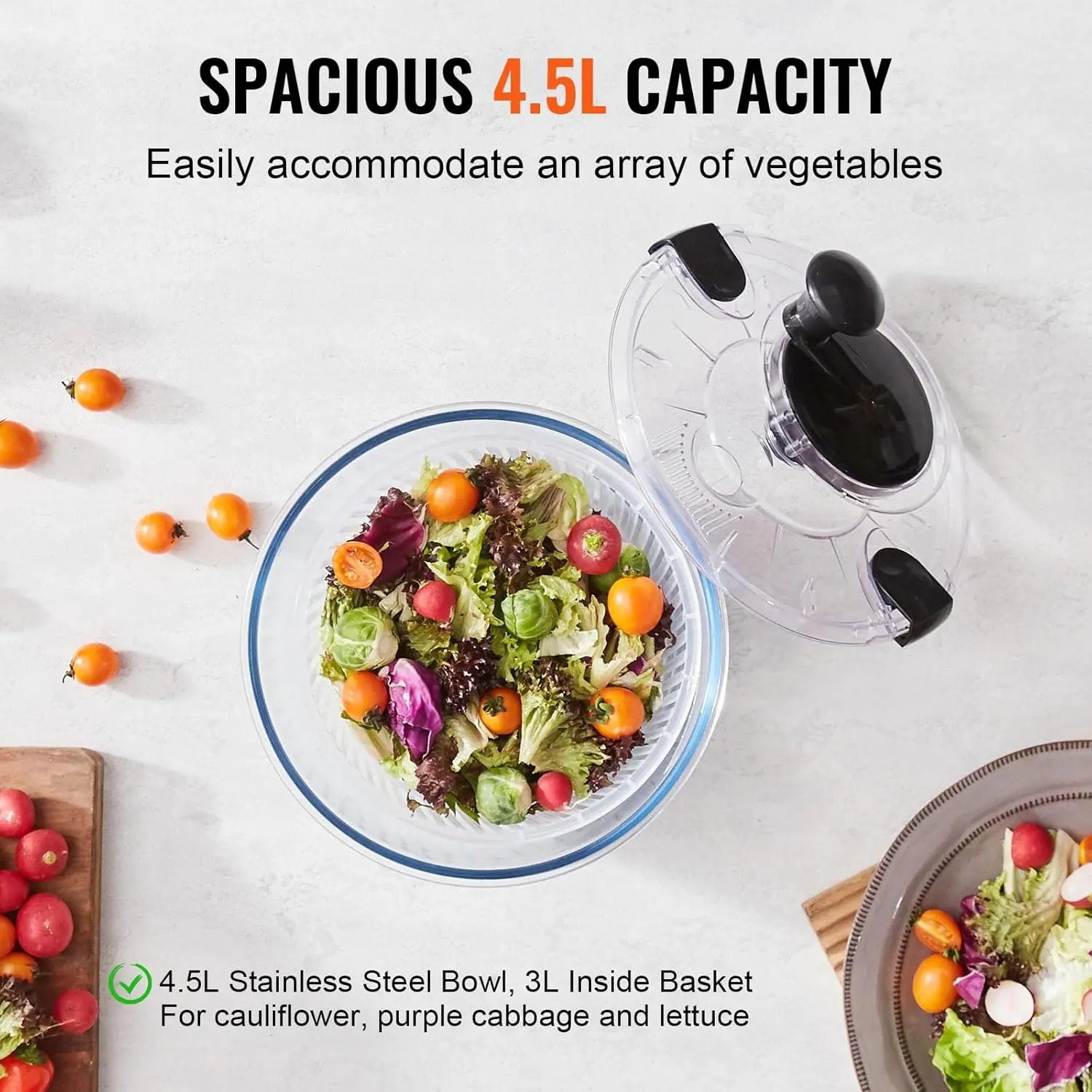 Glass Salad Spinner, 4.75Qt, One-handed Easy Press Large Vegetable Dryer Washer, Lettuce Cleaner and Dryer with High Borosilicat