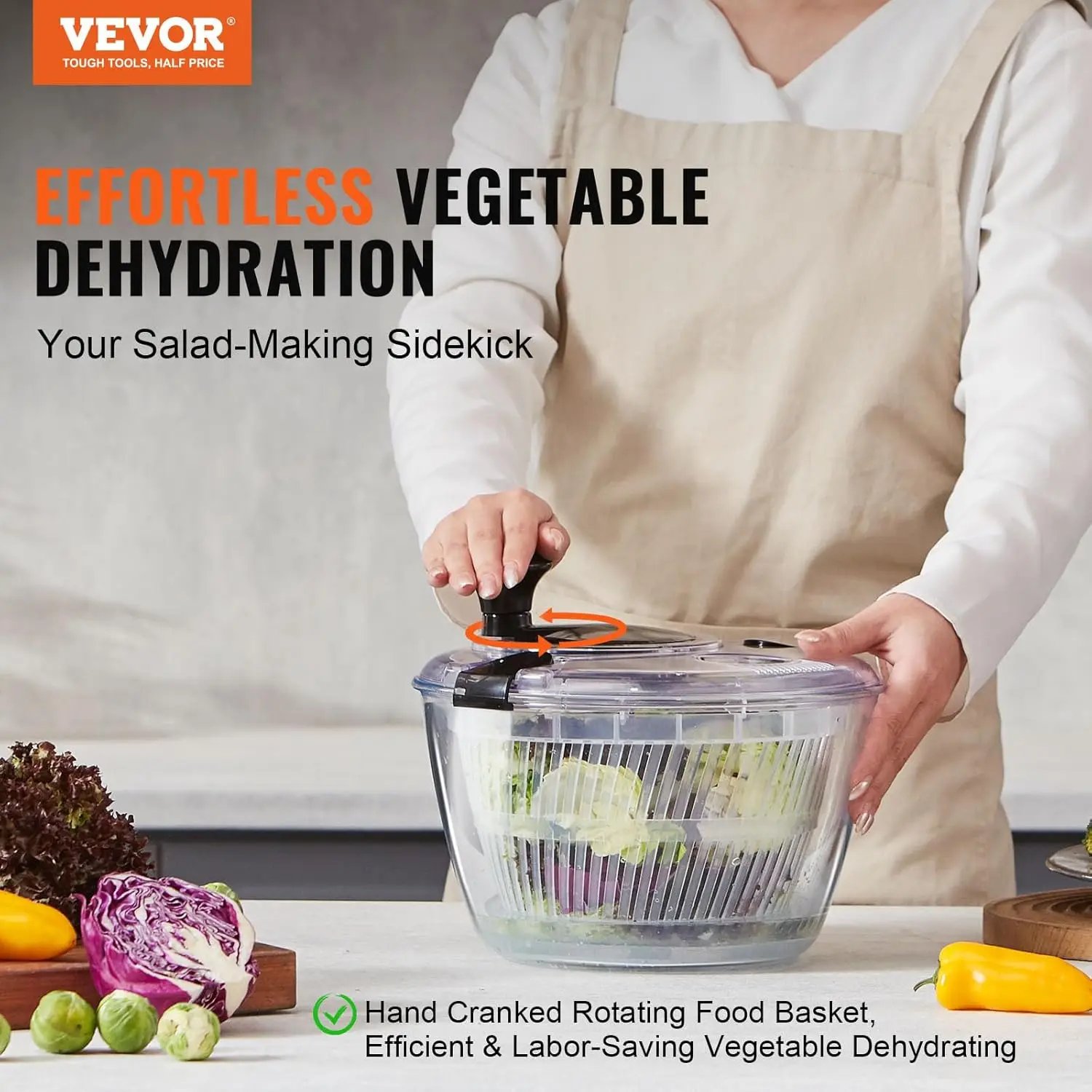 Glass Salad Spinner, 4.75Qt, One-handed Easy Press Large Vegetable Dryer Washer, Lettuce Cleaner and Dryer with High Borosilicat