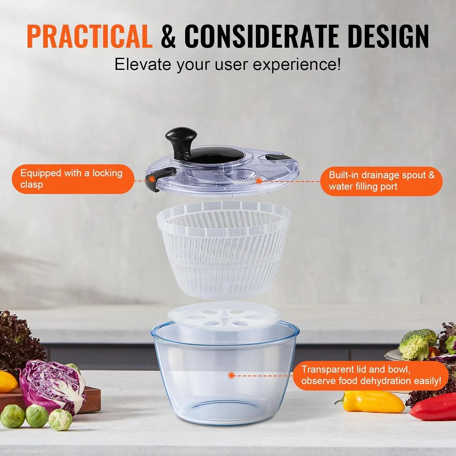 Glass Salad Spinner, 4.75Qt, One-handed Easy Press Large Vegetable Dryer Washer, Lettuce Cleaner and Dryer with High Borosilicat