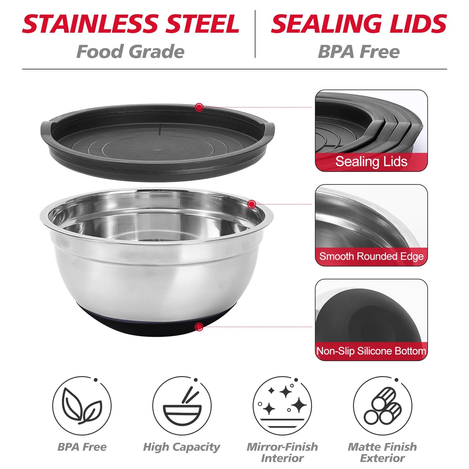 30pcs Stainless Steel Mixing Bowl Set - Various Sizes Premium Kitchen Essentials for Mixing and Serving - Non-Slip