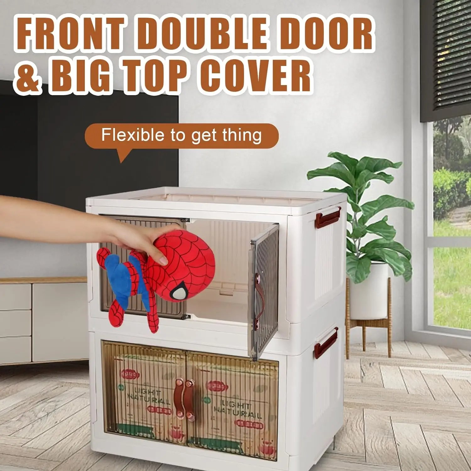 Household Storage Box with Lids and Doors, 3 Tilers of 8.8Gal Collapsible Stack-able Bins with Wheels for Office, Dorm Room