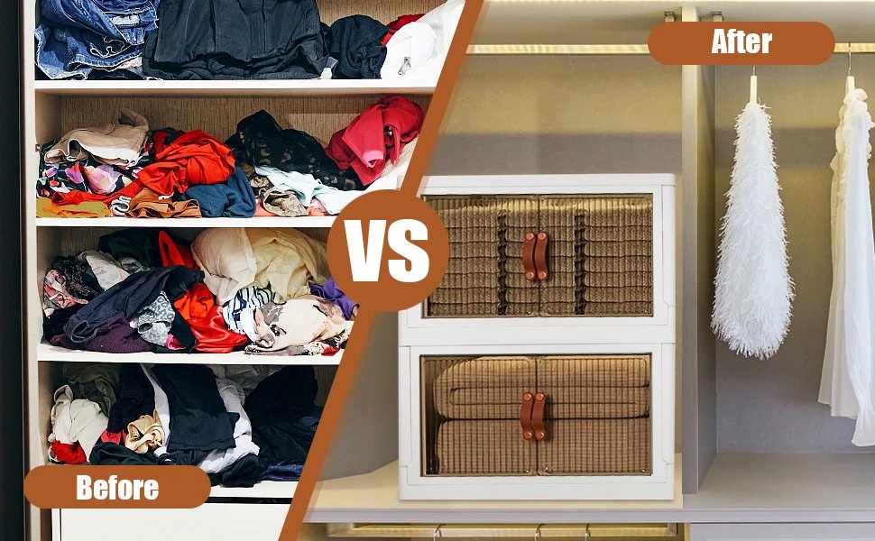 Household Storage Box with Lids and Doors, 3 Tilers of 8.8Gal Collapsible Stack-able Bins with Wheels for Office, Dorm Room