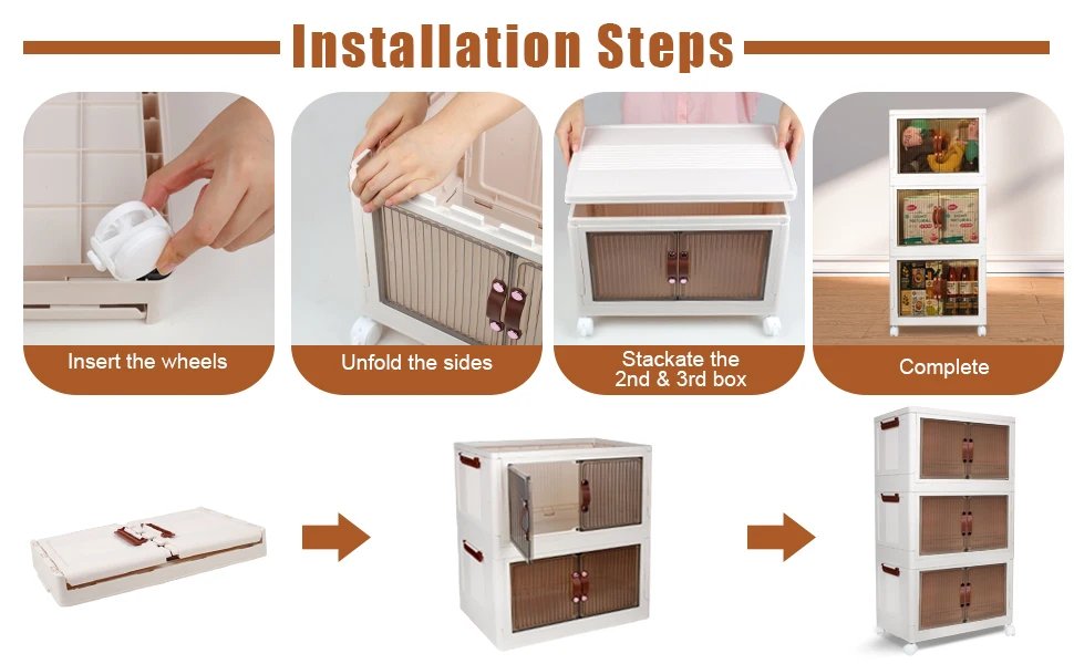 Household Storage Box with Lids and Doors, 3 Tilers of 8.8Gal Collapsible Stack-able Bins with Wheels for Office, Dorm Room