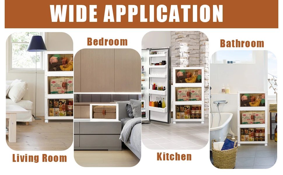 Household Storage Box with Lids and Doors, 3 Tilers of 8.8Gal Collapsible Stack-able Bins with Wheels for Office, Dorm Room