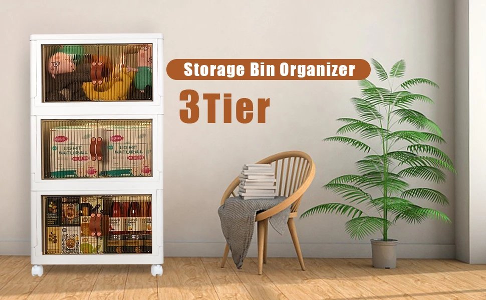 Household Storage Box with Lids and Doors, 3 Tilers of 8.8Gal Collapsible Stack-able Bins with Wheels for Office, Dorm Room