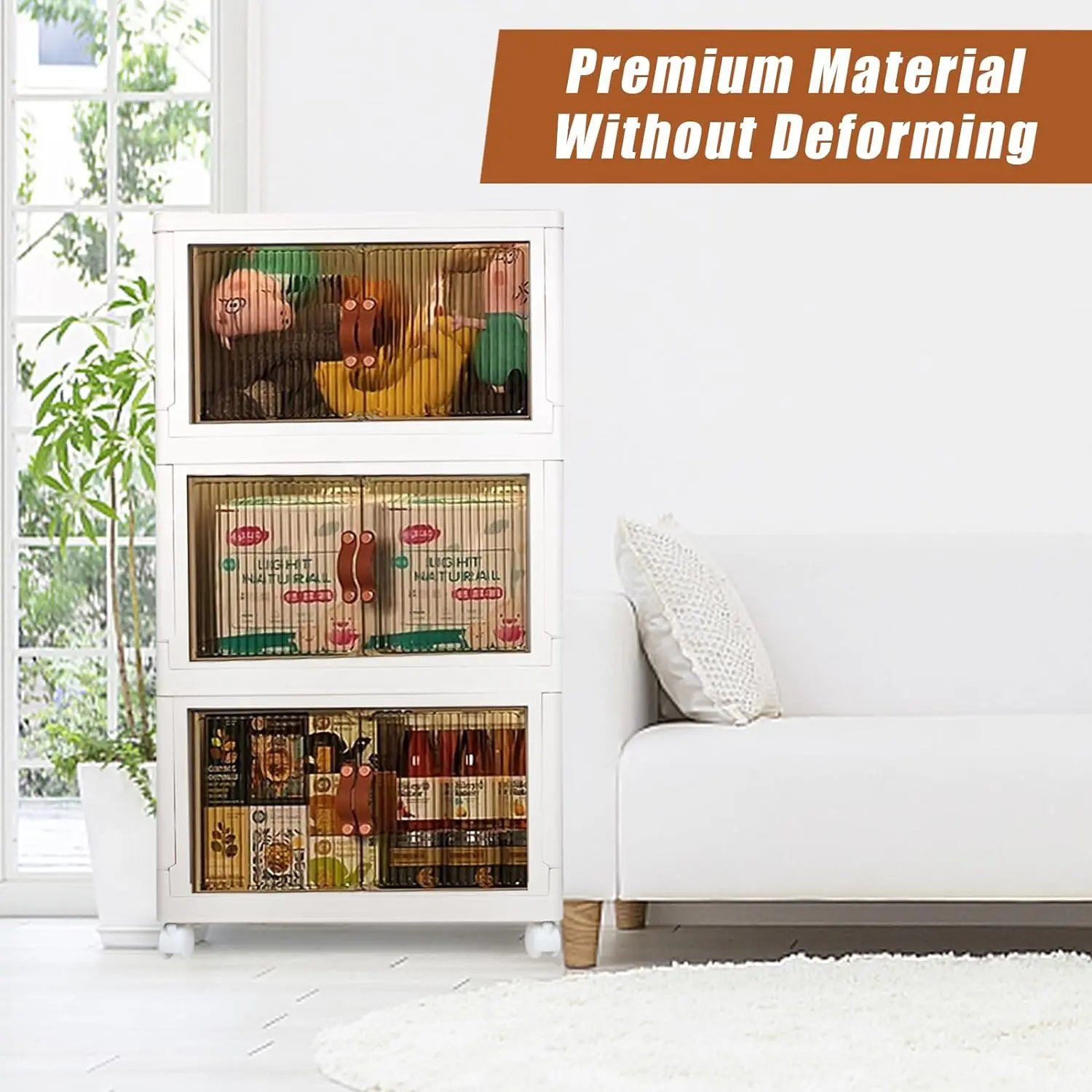 Household Storage Box with Lids and Doors, 3 Tilers of 8.8Gal Collapsible Stack-able Bins with Wheels for Office, Dorm Room