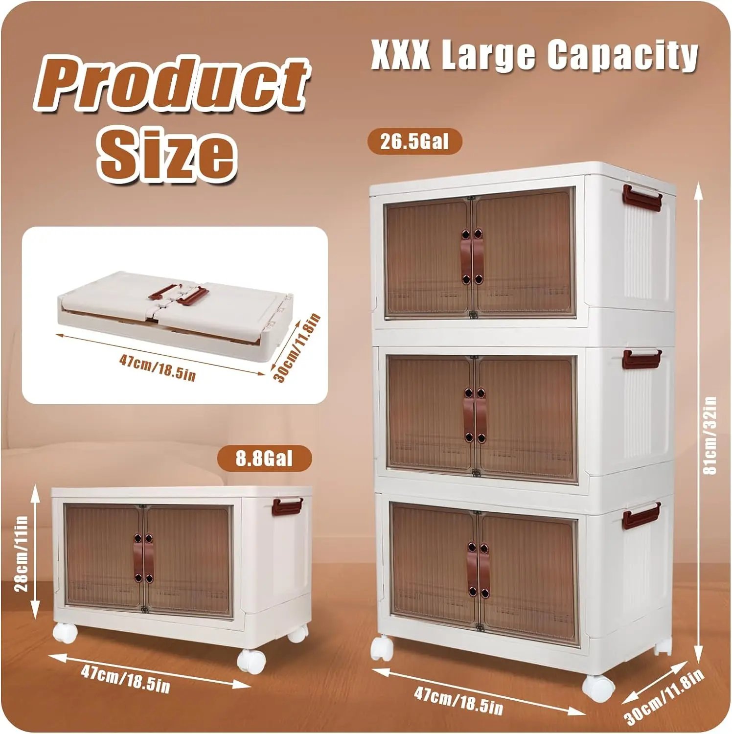 Household Storage Box with Lids and Doors, 3 Tilers of 8.8Gal Collapsible Stack-able Bins with Wheels for Office, Dorm Room