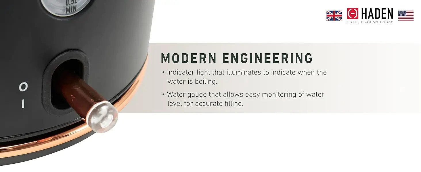 Haden Dorset 1.7 Liter Stainless Steel Electric Kettle, Hot Water Kettle with 360-Degree Base and Auto Shutoff, Black & Copper