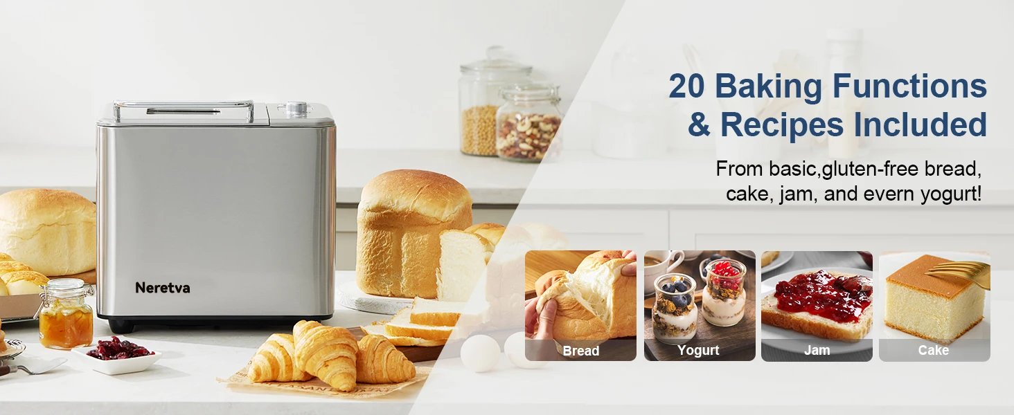 Neretva 20-IN-1 Bread Maker, Dual Heater 2LB Bread Machine BPA-Free Material & Nonstick Ceramic Pan Compact Bread Maker Machines