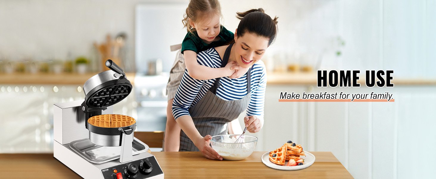 VEVOR Electric Waffle Maker Round Waffle Iron Non-Stick Waffle Baker Machine Teflon-Coated Baking Pans Stainless Steel Gaufriers