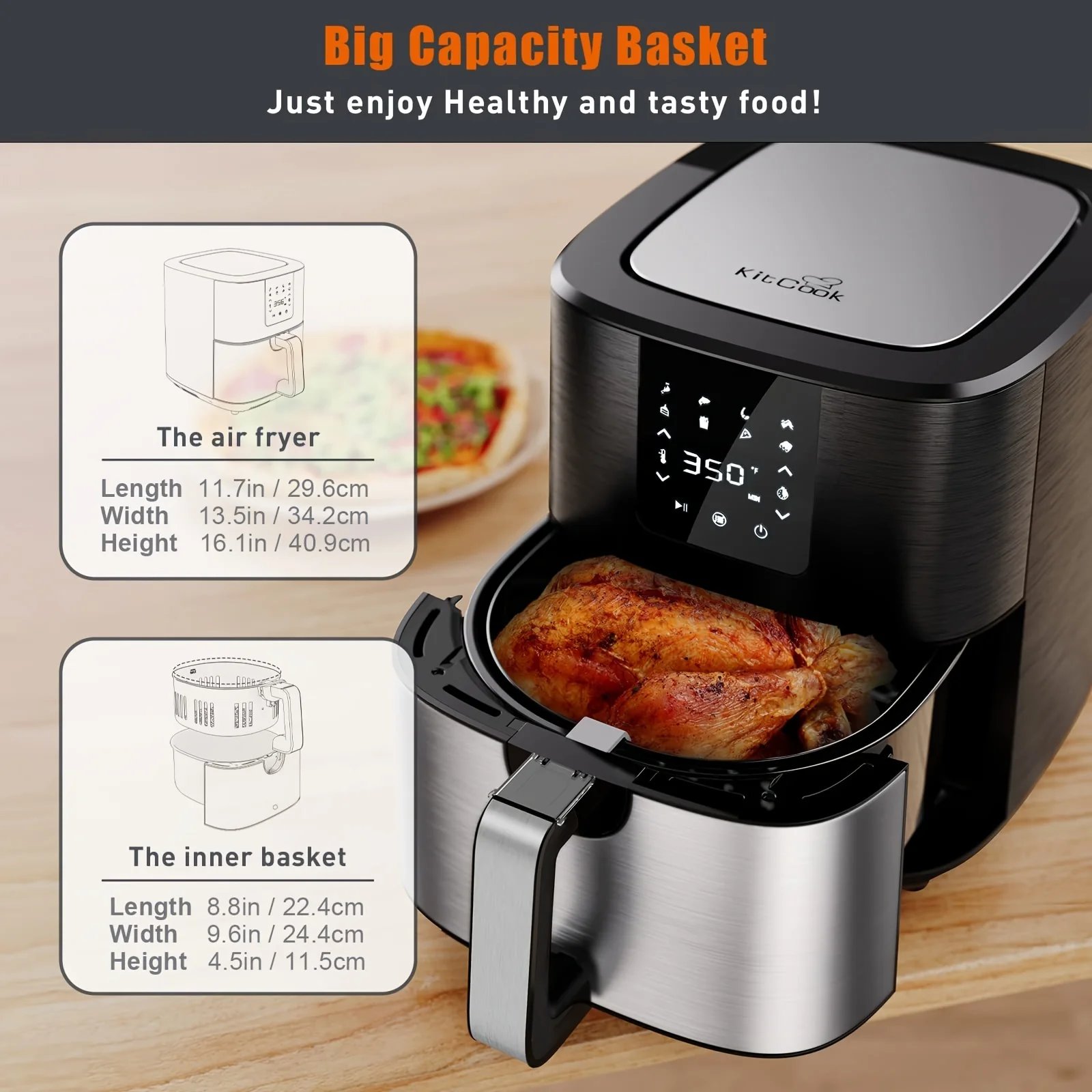 KitCook Large Air Fryer, 1500W 7QT AirFryer Cooker, Adjustable Temperature 100-400&deg;F, 8 Presets Menu, Digital Touch Screen, Nons