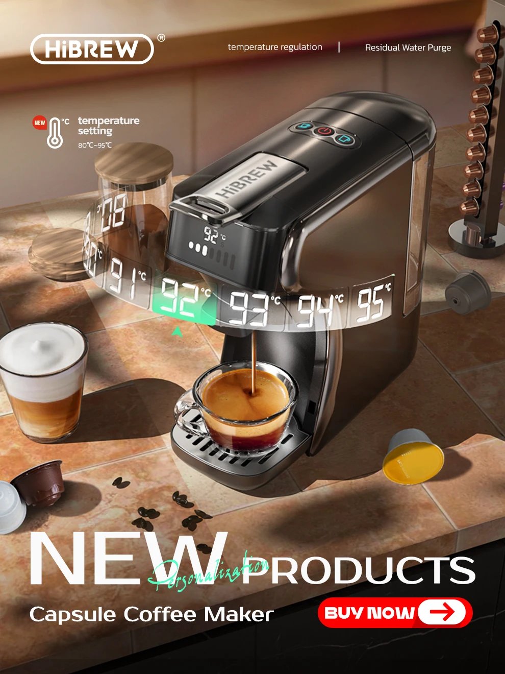 HiBREW Coffee Machine 19 Bar 4in1 Hot & Cold Multiple Capsule Espresso Cafetera Pod Coffee Maker Dolce Milk Nexpresso Powder H1A
