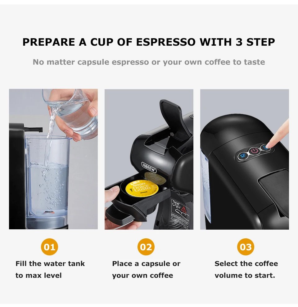 HiBREW Coffee Machine 19 Bar 4in1 Hot & Cold Multiple Capsule Espresso Cafetera Pod Coffee Maker Dolce Milk Nexpresso Powder H1A