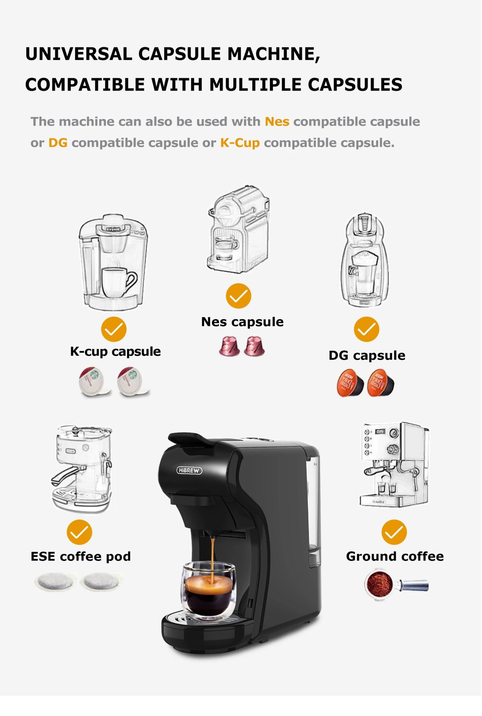 HiBREW Coffee Machine 19 Bar 4in1 Hot & Cold Multiple Capsule Espresso Cafetera Pod Coffee Maker Dolce Milk Nexpresso Powder H1A