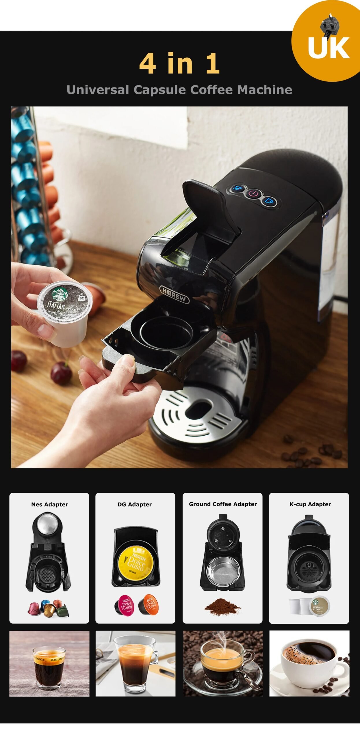 HiBREW Coffee Machine 19 Bar 4in1 Hot & Cold Multiple Capsule Espresso Cafetera Pod Coffee Maker Dolce Milk Nexpresso Powder H1A