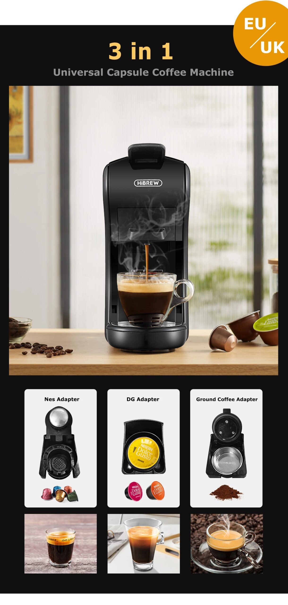 HiBREW Coffee Machine 19 Bar 4in1 Hot & Cold Multiple Capsule Espresso Cafetera Pod Coffee Maker Dolce Milk Nexpresso Powder H1A